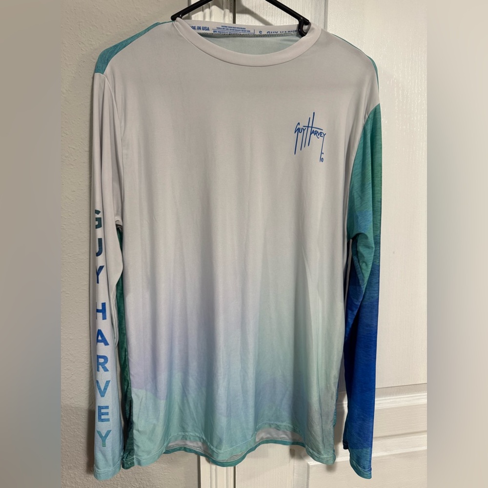 Guy Harvey Mens Size S Core Sun Protection Long Sleeve Shirt Blue green white